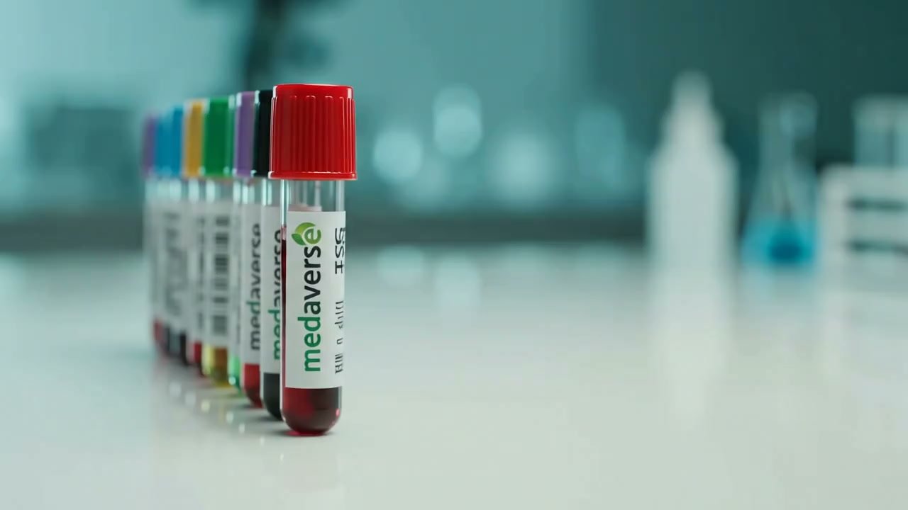 A row of Medaverse blood collection tubes with colour-coded caps and branded labels on a lab bench